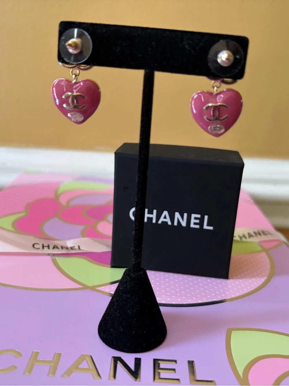 Chanel Gold and Pink Heart drop earrings